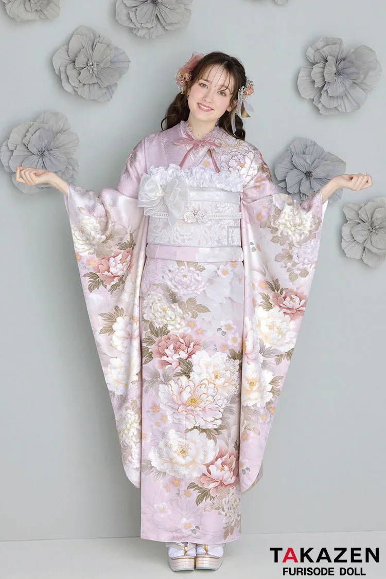 くすみカラーガーリー　薄ピンク/淡い色　牡丹柄　かわいい　トレンド　リボンコーデ振袖ネットレンタル　フェミニン　周防ジゼル　26057