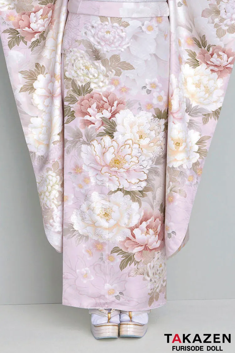 くすみカラーガーリー　薄ピンク/淡い色　牡丹柄　かわいい　トレンド　リボンコーデ振袖ネットレンタル　フェミニン　周防ジゼル　26057