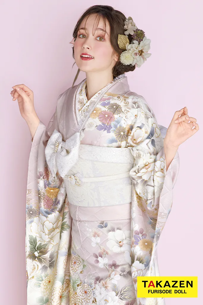 最新作くすみカラー古典　薄ピンク/淡い色　東京レトロブランド振袖　牡丹柄　清楚　トレンド振袖ネットレンタル　周防ジゼル　27059