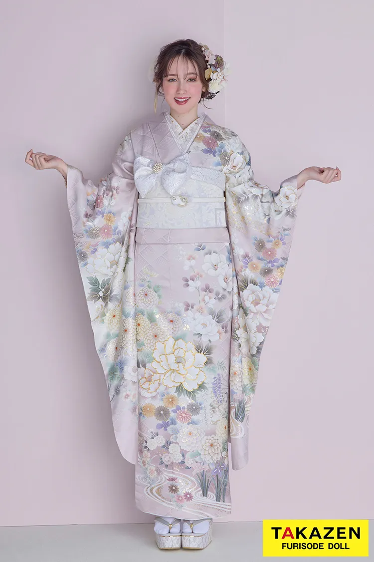 最新作くすみカラー古典　薄ピンク/淡い色　東京レトロブランド振袖　牡丹柄　清楚　トレンド振袖ネットレンタル　周防ジゼル　27059