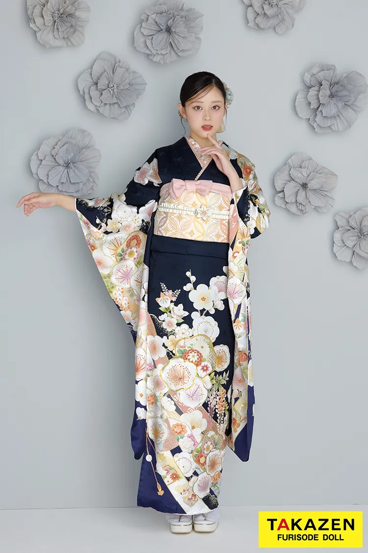 最新作くすみカラー古典　紺色/ネイビー　和柄　清楚　可愛い　いまどき　上品な振袖ネットレンタル　佐藤不二子　27060