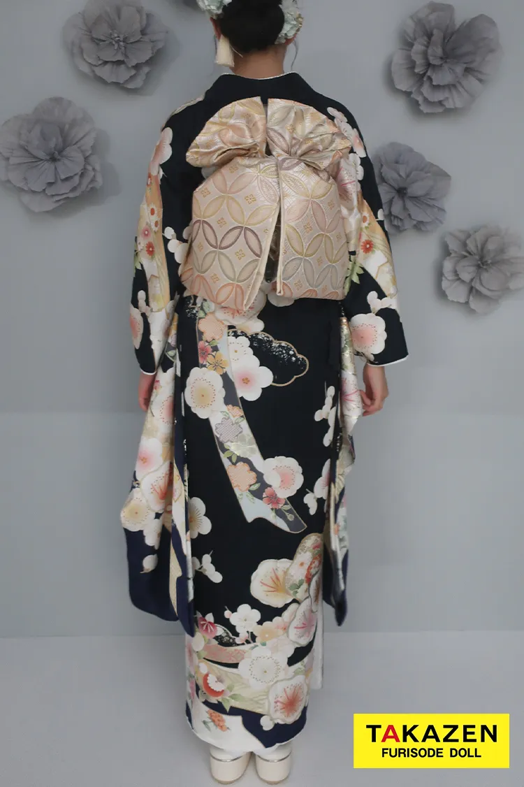 最新作くすみカラー古典　紺色/ネイビー　和柄　清楚　可愛い　いまどき　上品な振袖ネットレンタル　佐藤不二子　27060