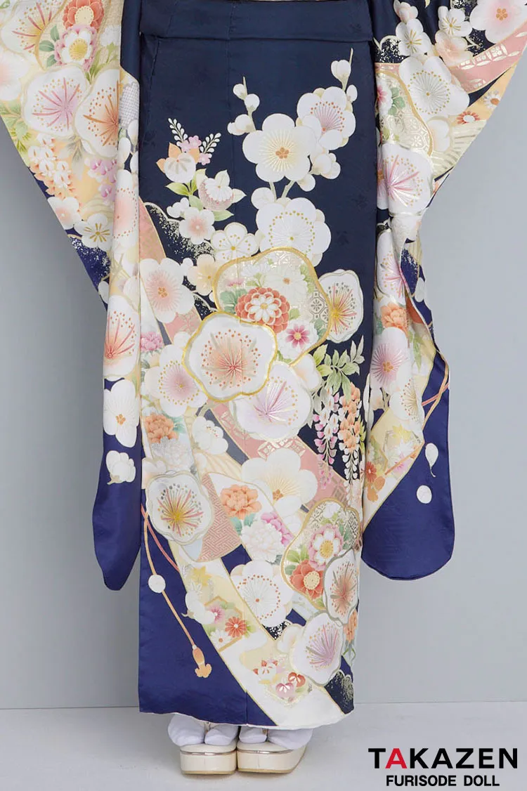 最新作くすみカラー古典　紺色/ネイビー　和柄　清楚　可愛い　いまどき　上品な振袖ネットレンタル　佐藤不二子　27060