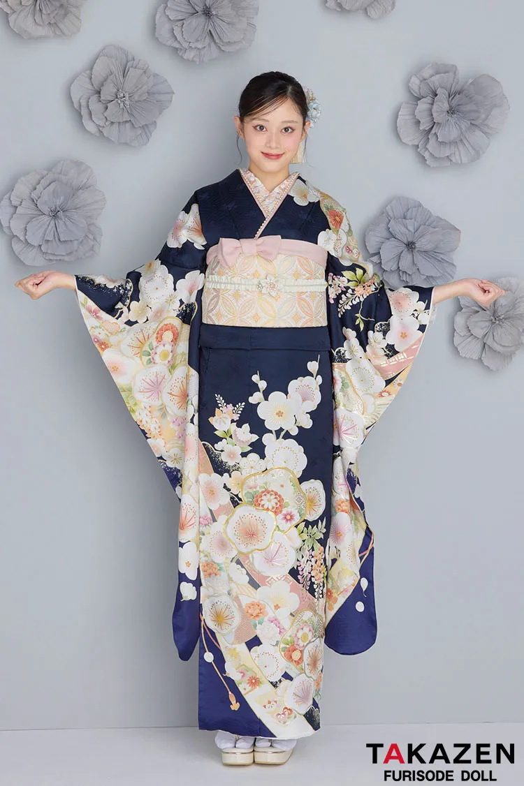 最新作くすみカラー古典　紺色/ネイビー　和柄　清楚　可愛い　いまどき　上品な振袖ネットレンタル　佐藤不二子　27060