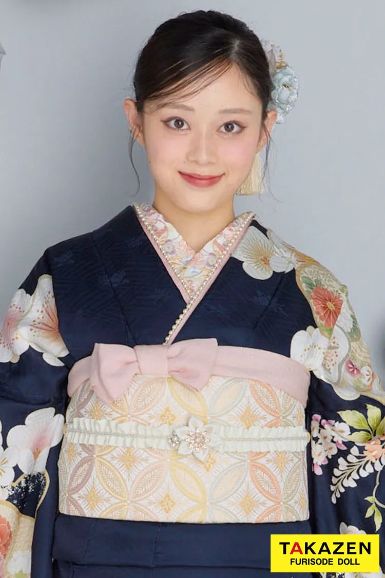 最新作くすみカラー古典　紺色/ネイビー　和柄　清楚　可愛い　いまどき　上品な振袖ネットレンタル　佐藤不二子　27060