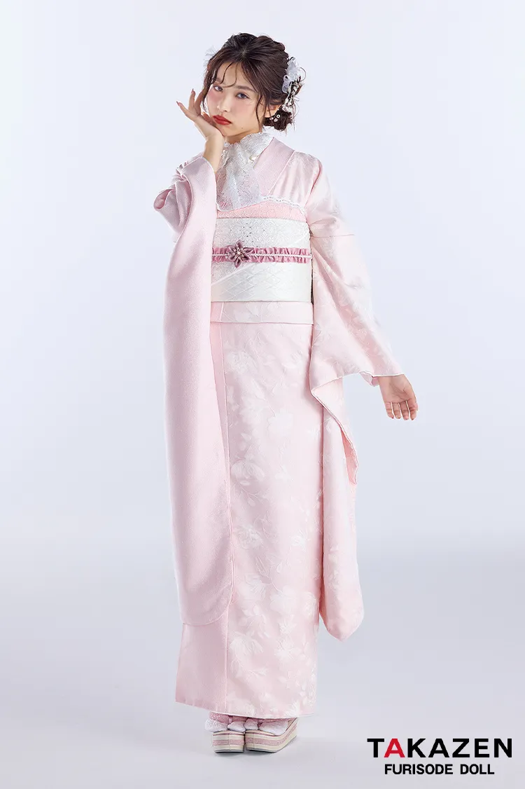 最新作ヴィンテージスタイル　ピンク/淡い色　シンプル　かわいい　すっきり　フロッキー生地振袖ネットレンタル　谷田ラナ　27062