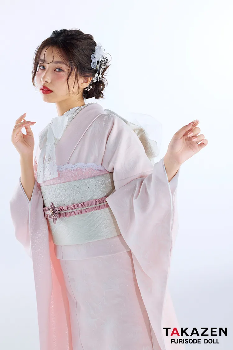 最新作ヴィンテージスタイル　ピンク/淡い色　シンプル　かわいい　すっきり　フロッキー生地振袖ネットレンタル　谷田ラナ　27062