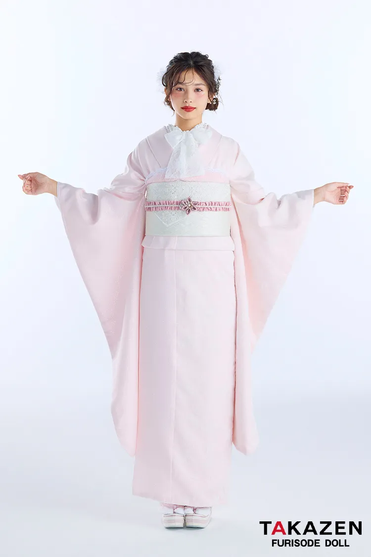 最新作ヴィンテージスタイル　ピンク/淡い色　シンプル　かわいい　すっきり　フロッキー生地振袖ネットレンタル　谷田ラナ　27062