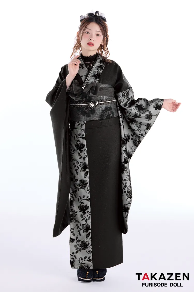 最新作ヴィンテージスタイル　黒/黒ベース　シンプル　スタイリッシュ　おしゃれ　フロッキー生地　大人っぽい振袖ネットレンタル　南琴奈　27063
