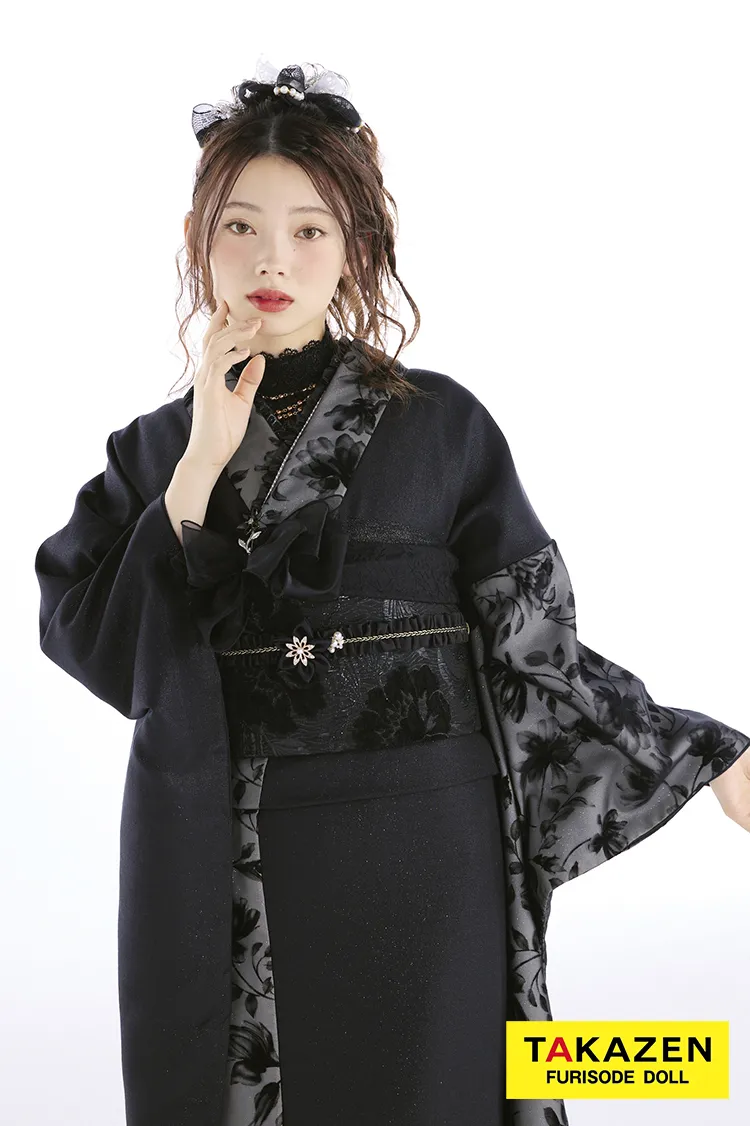 最新作ヴィンテージスタイル　黒/黒ベース　シンプル　スタイリッシュ　おしゃれ　フロッキー生地　大人っぽい振袖ネットレンタル　南琴奈　27063