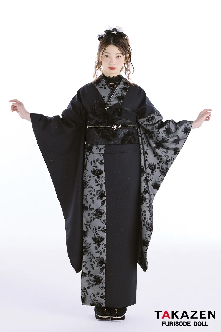 最新作ヴィンテージスタイル　黒/黒ベース　シンプル　スタイリッシュ　おしゃれ　フロッキー生地　大人っぽい振袖ネットレンタル　南琴奈　27063