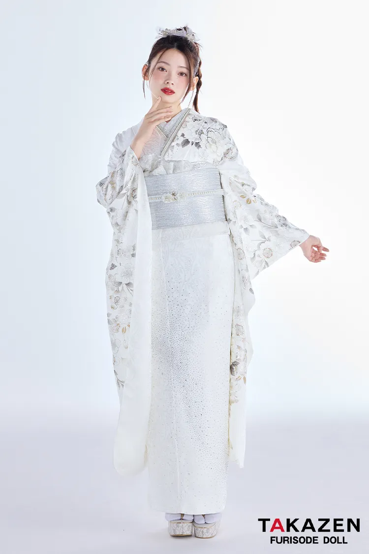 最新作ヴィンテージスタイル　白/真っ白　シンプル　きれいめ　無地/袖に柄有　キラキラグリッター　大人っぽい振袖ネットレンタル　南琴奈　27064