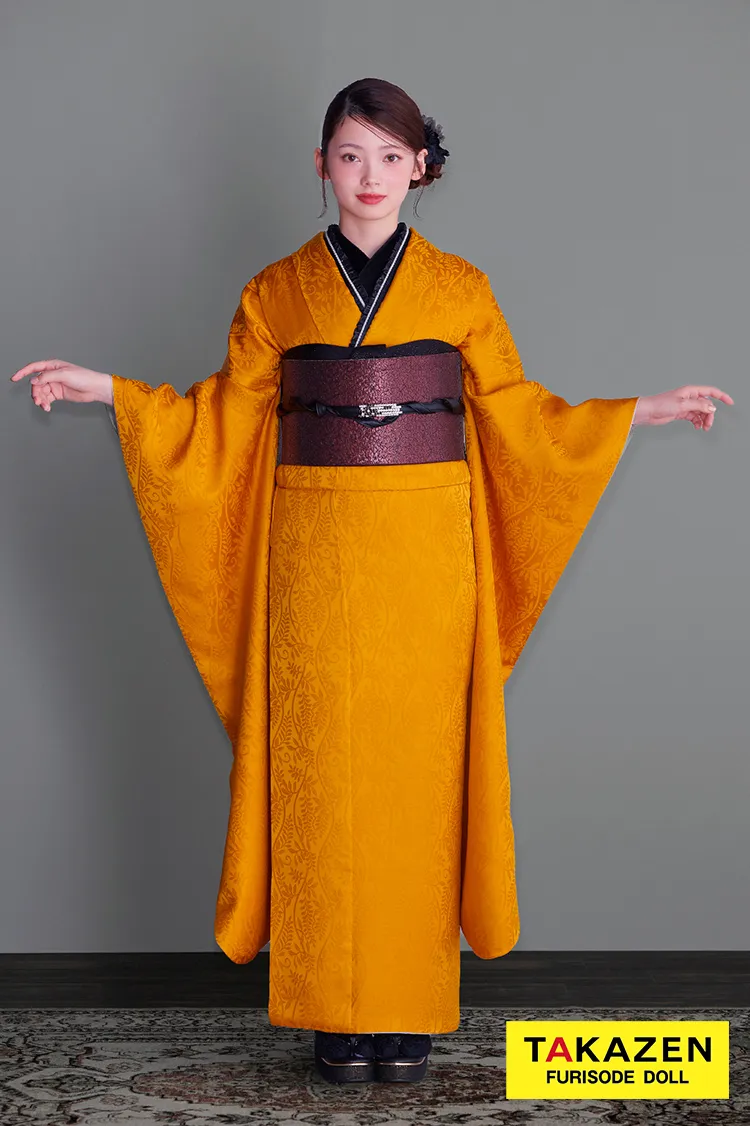 ヴィンテージスタイル　からし/マスタード　無地　シンプル　個性派　目立つ　かぶらない　派手　ブーツコーデ振袖ネットレンタル　スタイリッシュ　南琴奈　26063