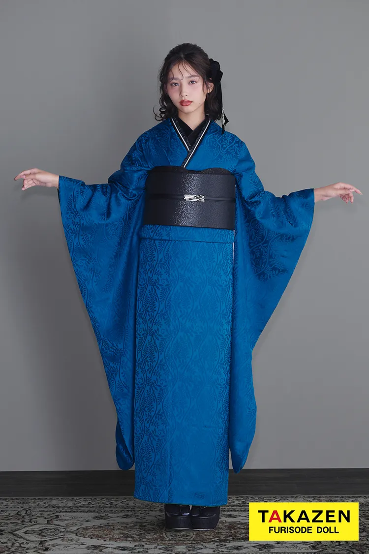 ヴィンテージスタイル　青/ブルー　無地　シンプル　クール　目立つ　かっこいい　かぶらない　派手　スタイリッシュ振袖ネットレンタル　谷田ラナ　26065