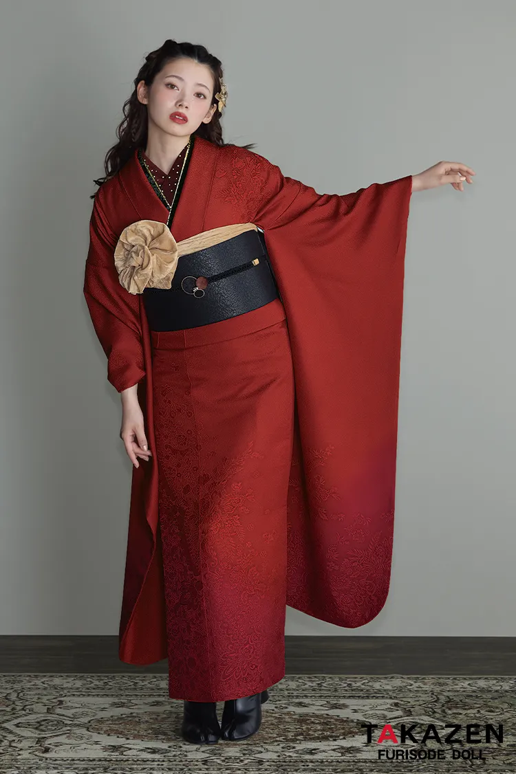 ヴィンテージスタイル　赤　無地　目立つ振袖　個性的　スタイリッシュ　シック　 ブーツスタイル振袖ネットレンタル　レトロ　南琴奈　24035