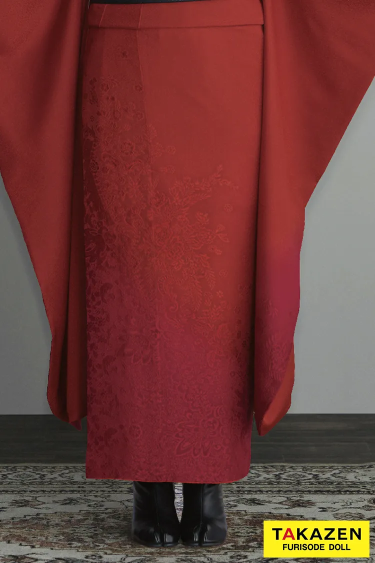 ヴィンテージスタイル　赤　無地　目立つ振袖　個性的　スタイリッシュ　シック　 ブーツスタイル振袖ネットレンタル　レトロ　南琴奈　24035