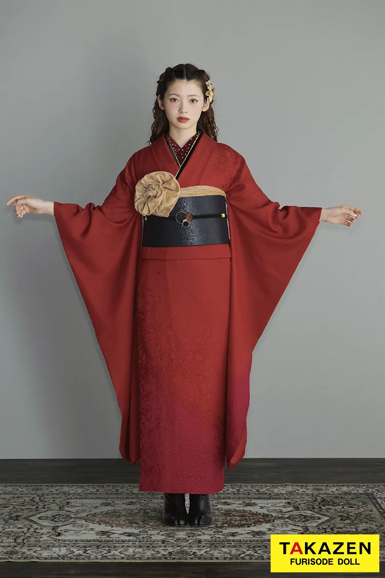 ヴィンテージスタイル　赤　無地　目立つ振袖　個性的　スタイリッシュ　シック　 ブーツスタイル振袖ネットレンタル　レトロ　南琴奈　24035