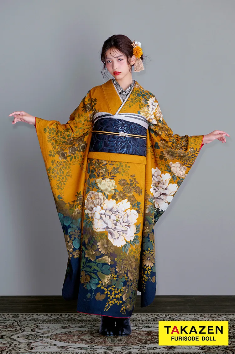 ヴィンテージスタイル　からし/黒　牡丹柄　ノスタルジック　個性的振袖　大正ロマン　人気　アンティーク調　ブーツスタイル振袖ネットレンタル　谷田ラナ　23011