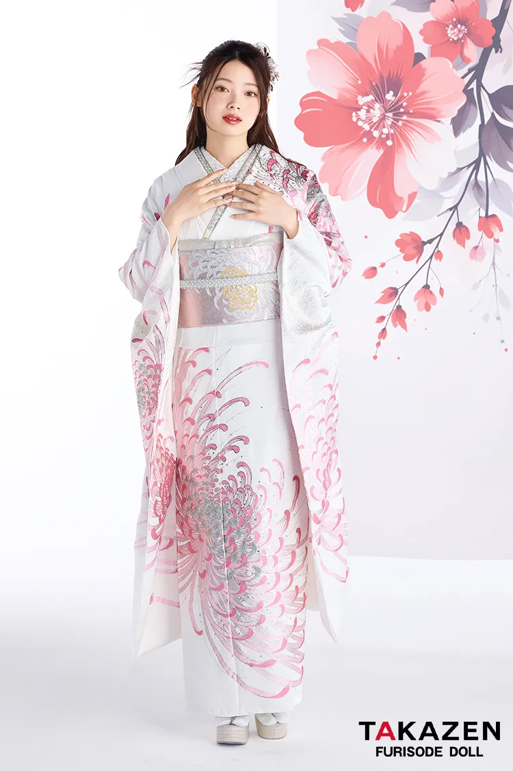 最新作粋古典　白ピンク　乱菊柄/大柄　最高級金彩刺繍友禅　すっきり　きれいめ　シンプル　大人っぽい　スワロフスキー付き　フリソデドールオリジナル振袖ネットレンタル　南琴奈　27066
