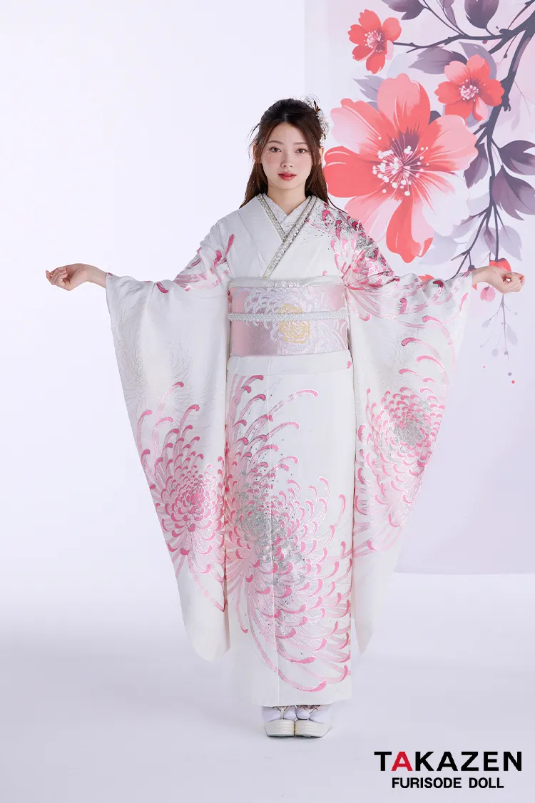 最新作粋古典　白ピンク　乱菊柄/大柄　最高級金彩刺繍友禅　すっきり　きれいめ　シンプル　大人っぽい　スワロフスキー付き　フリソデドールオリジナル振袖ネットレンタル　南琴奈　27066