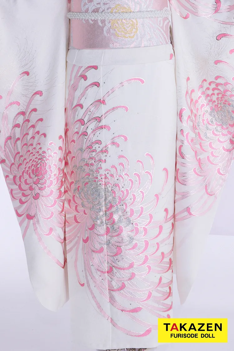 最新作粋古典　白ピンク　乱菊柄/大柄　最高級金彩刺繍友禅　すっきり　きれいめ　シンプル　大人っぽい　スワロフスキー付き　フリソデドールオリジナル振袖ネットレンタル　南琴奈　27066