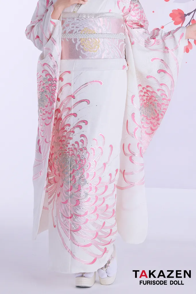 最新作粋古典　白ピンク　乱菊柄/大柄　最高級金彩刺繍友禅　すっきり　きれいめ　シンプル　大人っぽい　スワロフスキー付き　フリソデドールオリジナル振袖ネットレンタル　南琴奈　27066