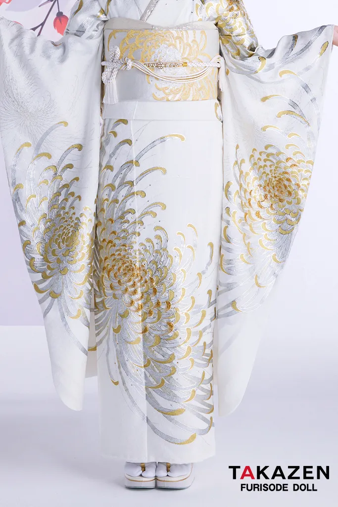 最新作粋古典　白金　乱菊柄/大柄　最高級金彩刺繍友禅　かっこいい　きれいめ　シンプル　大人っぽい　スワロフスキー付き　フリソデドールオリジナル振袖ネットレンタル　谷田ラナ　27065