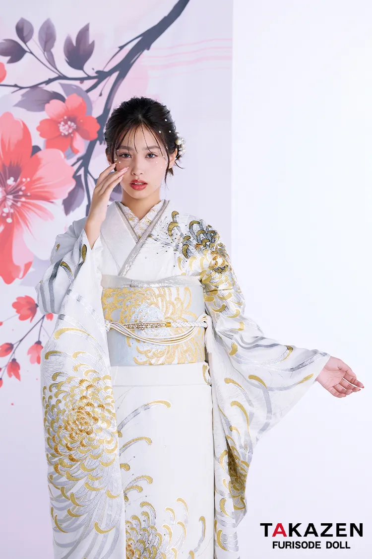 最新作粋古典　白金　乱菊柄/大柄　最高級金彩刺繍友禅　かっこいい　きれいめ　シンプル　大人っぽい　スワロフスキー付き　フリソデドールオリジナル振袖ネットレンタル　谷田ラナ　27065