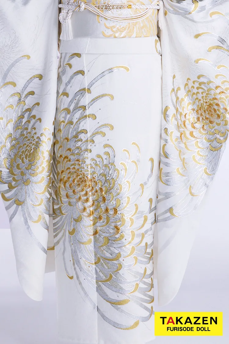 最新作粋古典　白金　乱菊柄/大柄　最高級金彩刺繍友禅　かっこいい　きれいめ　シンプル　大人っぽい　スワロフスキー付き　フリソデドールオリジナル振袖ネットレンタル　谷田ラナ　27065