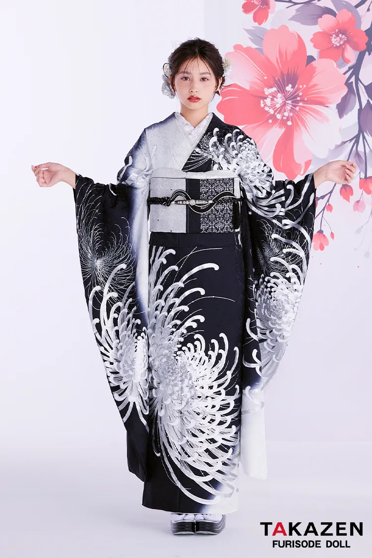 最新作粋古典　黒シルバー　乱菊柄/大柄　最高級金彩刺繍友禅　かっこいい　きれいめ　大人っぽい　スワロフスキー付き　フリソデドールオリジナル振袖ネットレンタル　　谷田ラナ　27067