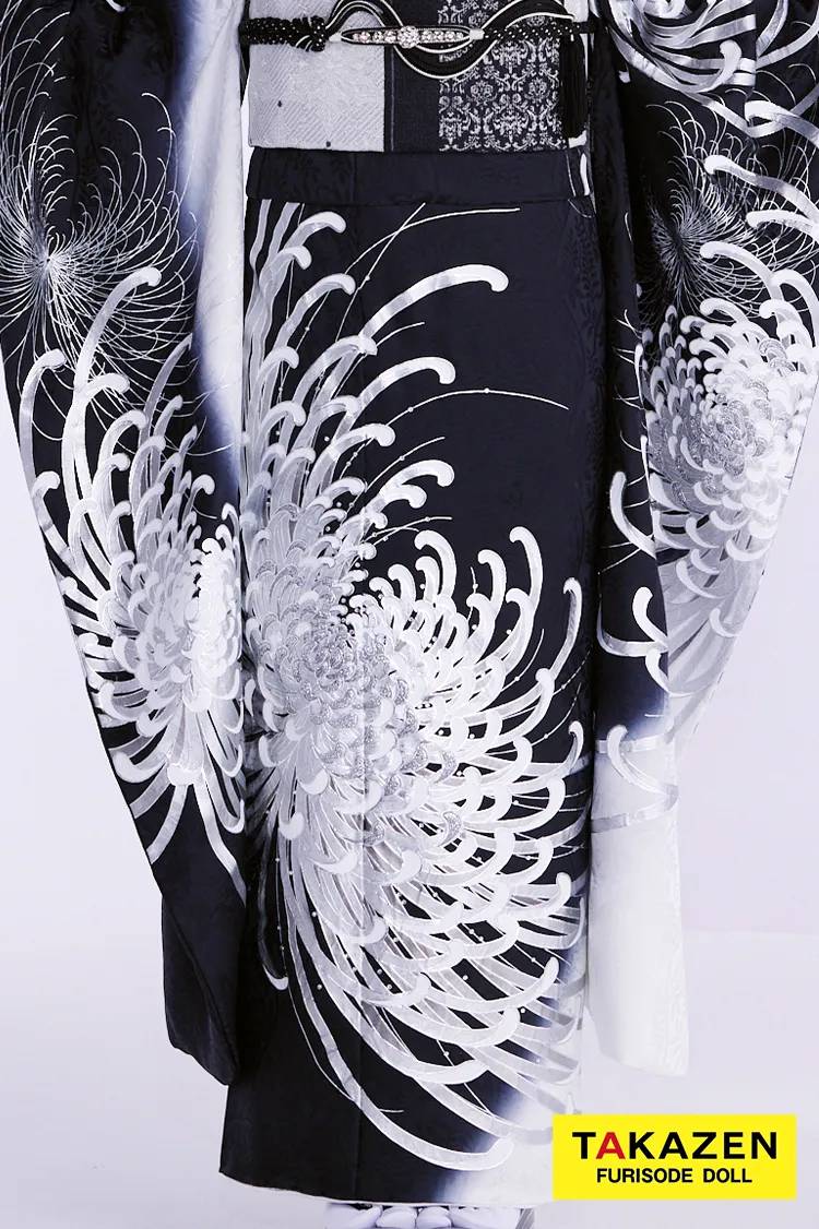 最新作粋古典　黒シルバー　乱菊柄/大柄　最高級金彩刺繍友禅　かっこいい　きれいめ　大人っぽい　スワロフスキー付き　フリソデドールオリジナル振袖ネットレンタル　　谷田ラナ　27067