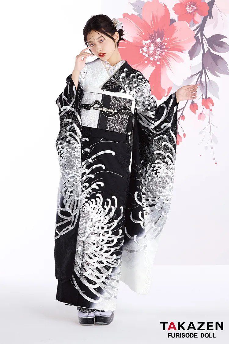 最新作粋古典　黒シルバー　乱菊柄/大柄　最高級金彩刺繍友禅　かっこいい　きれいめ　大人っぽい　スワロフスキー付き　フリソデドールオリジナル振袖ネットレンタル　　谷田ラナ　27067