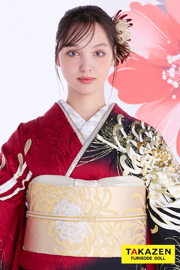 最新作粋古典　赤/ゴールド/黒　乱菊柄/大柄　最高級金彩刺繍友禅　かっこいい　大人っぽい　目立つ　スワロフスキー付き　フリソデドールオリジナル振袖ネットレンタル　香川るな　27068