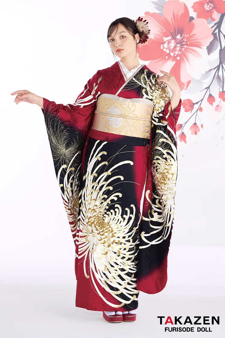 最新作粋古典　赤/ゴールド/黒　乱菊柄/大柄　最高級金彩刺繍友禅　かっこいい　大人っぽい　目立つ　スワロフスキー付き　フリソデドールオリジナル振袖ネットレンタル　香川るな　27068
