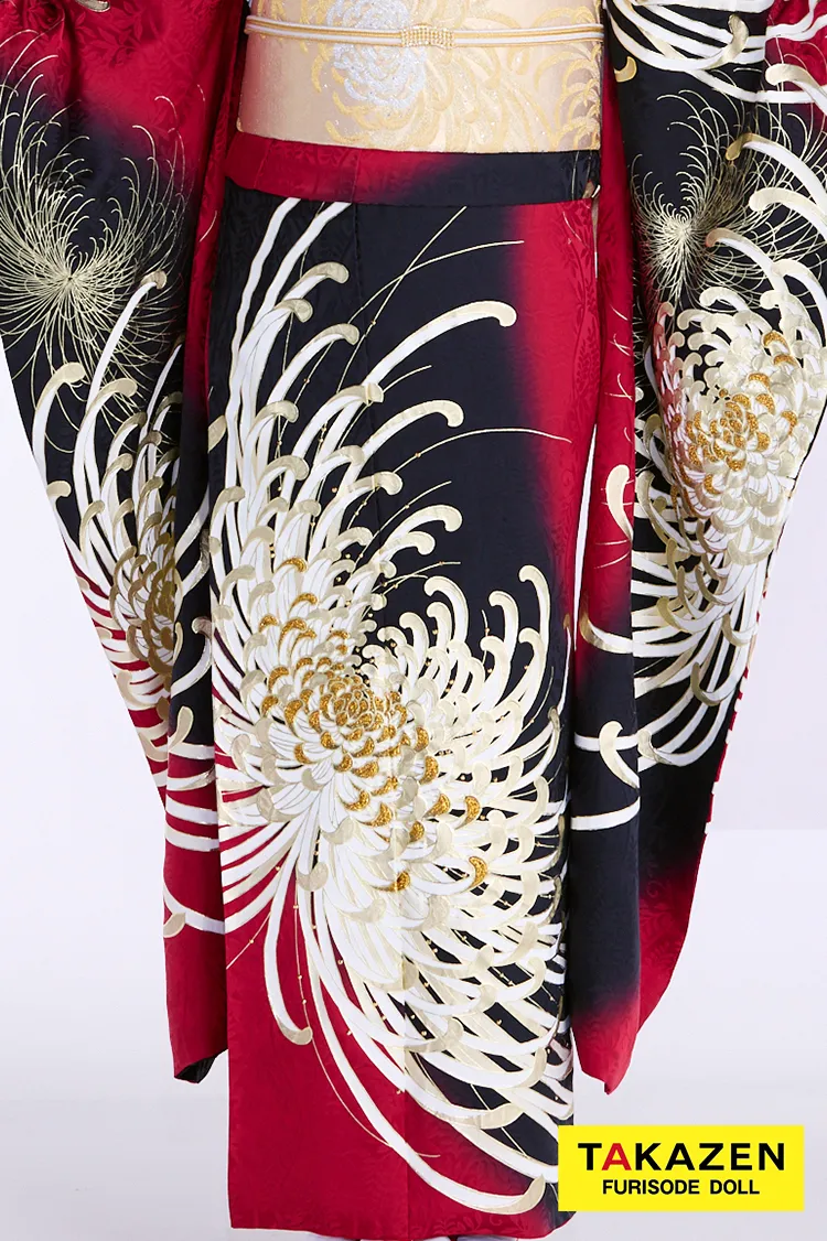 最新作粋古典　赤/ゴールド/黒　乱菊柄/大柄　最高級金彩刺繍友禅　かっこいい　大人っぽい　目立つ　スワロフスキー付き　フリソデドールオリジナル振袖ネットレンタル　香川るな　27068