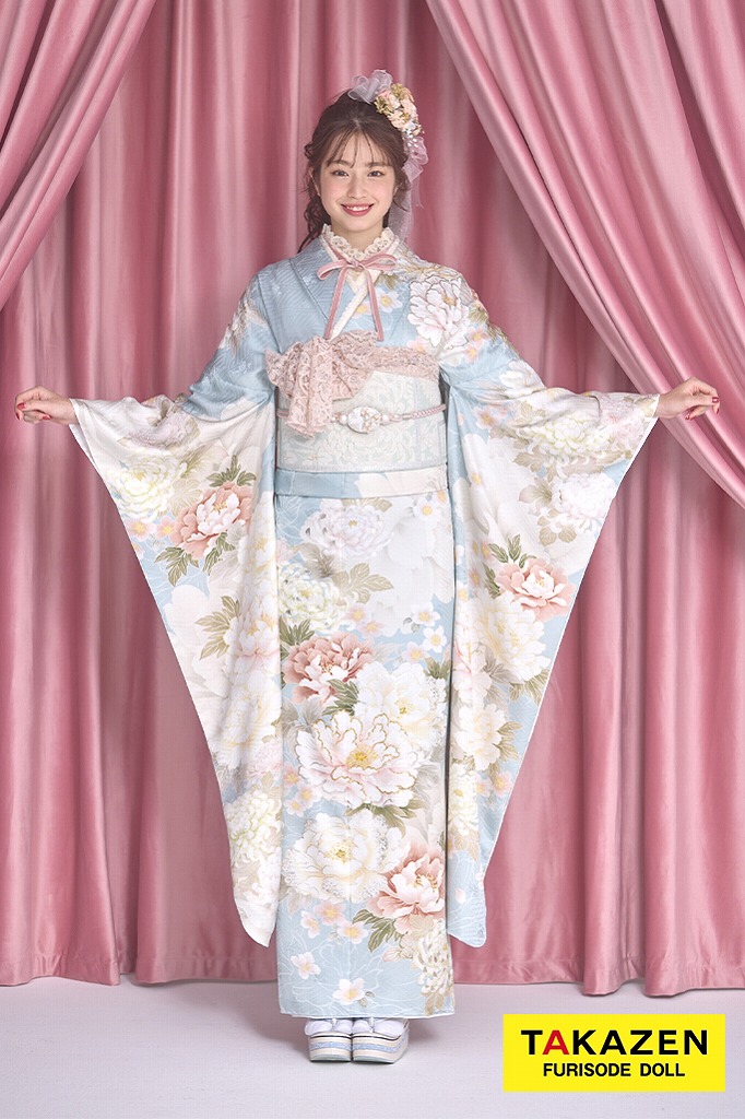 最新作くすみカラー　水色/淡い色　牡丹柄　かわいい振袖　トレンド　リボンアレンジ　葛西杏也菜　26054
