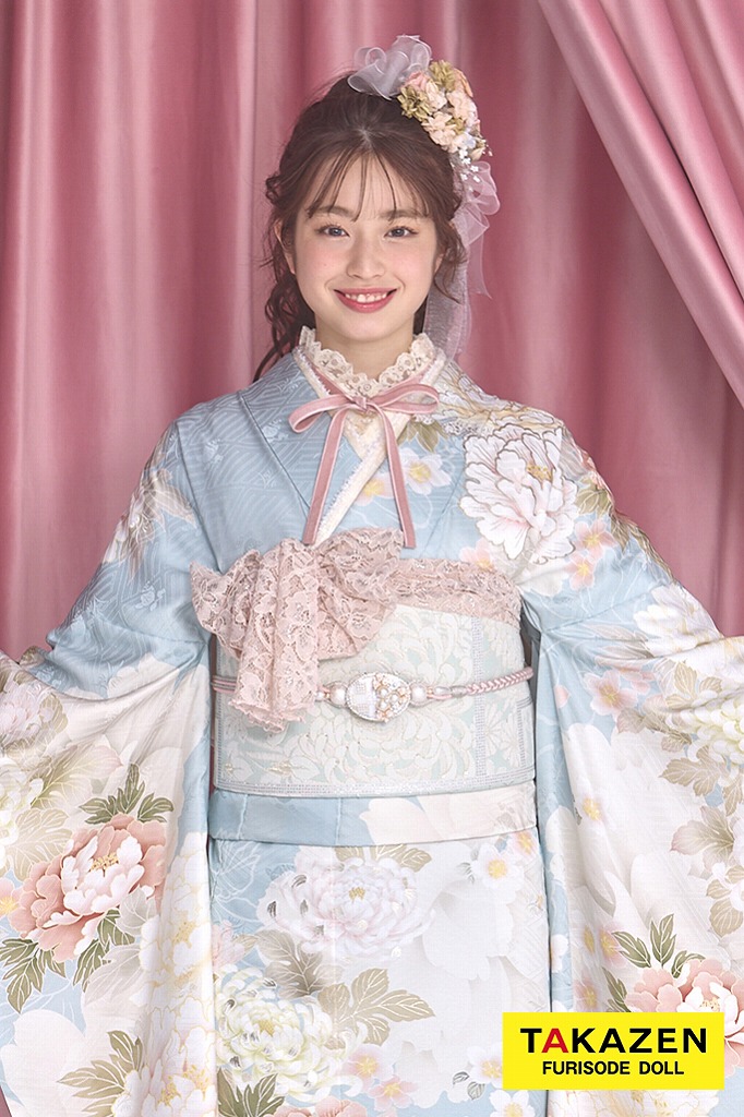 最新作くすみカラー　水色/淡い色　牡丹柄　かわいい振袖　トレンド　リボンアレンジ　葛西杏也菜　26054
