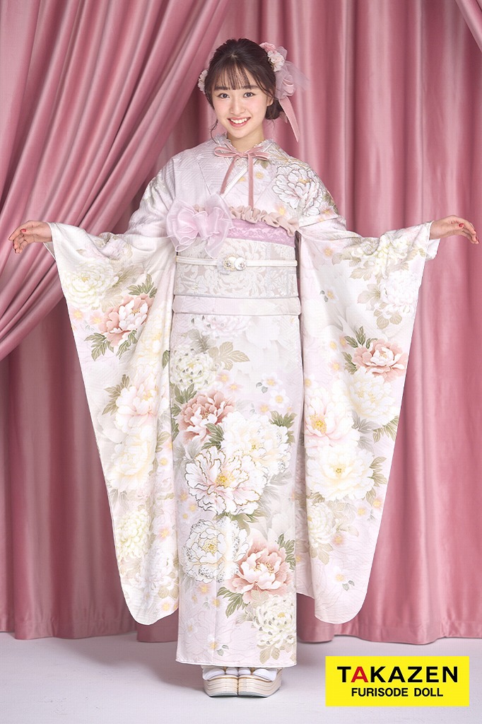 最新作くすみカラーガーリー　薄ピンク/淡い色　牡丹柄　かわいい　トレンド　リボンコーデ　フェミニン　藤岡舞衣　26057