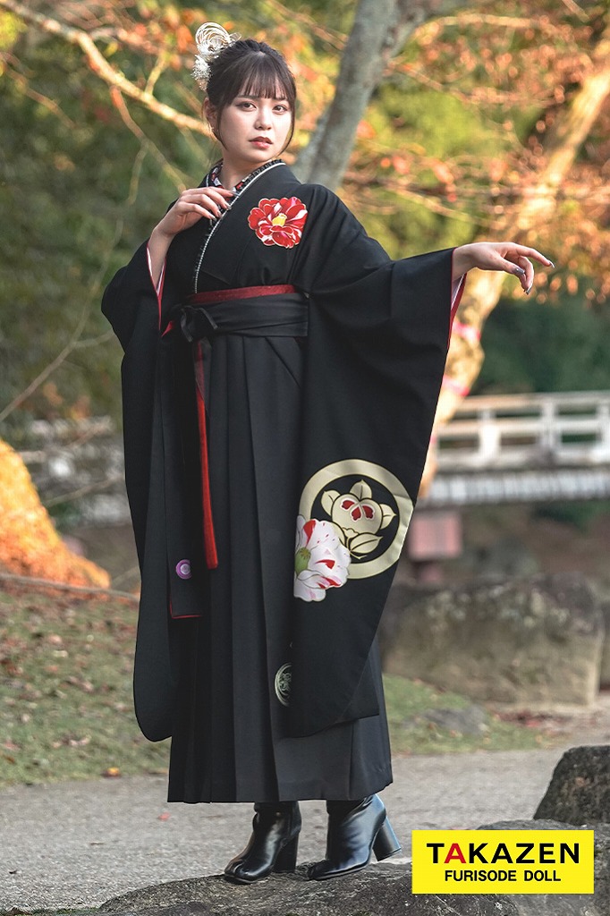 ヴィンテージレトロ　黒　シンプル/椿柄/ワンポイント柄　シック　かっこいい　レザー小物　粋っぽい袴ネットレンタル　RY150