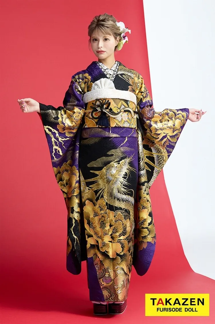 ジャパンモード　紫/黒/ゴールド(金色)　本家龍柄　渋い　派手　カッコイイ　ゴージャス　花魁風振袖　絶対目立つ振袖ネットレンタル　キラキラ　今井アンジェリカ　32136