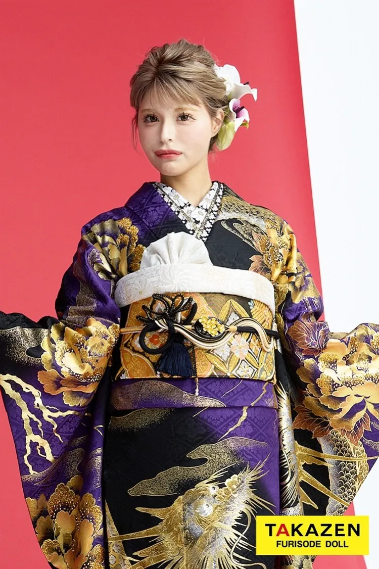 ジャパンモード　紫/黒/ゴールド(金色)　本家龍柄　渋い　派手　カッコイイ　ゴージャス　花魁風振袖　絶対目立つ振袖ネットレンタル　キラキラ　今井アンジェリカ　32136