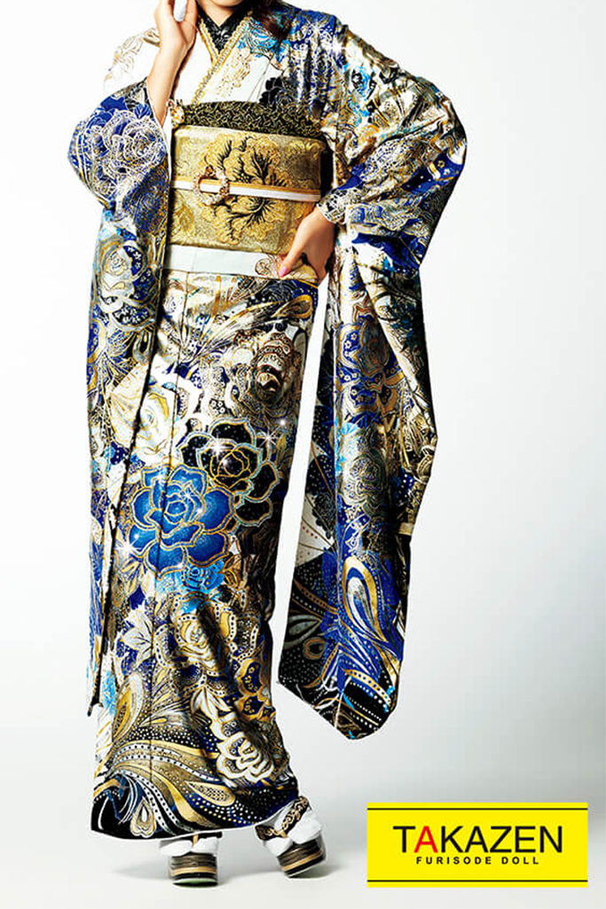 モード　　白/ブルー(青)/金　薔薇柄　派手　かっこいい振袖ネットレンタル　(門りょう様着用)　#F0084