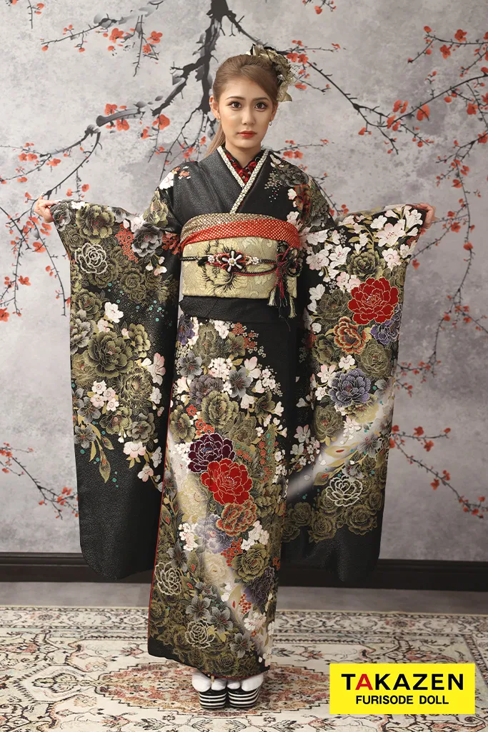 安い！大人モード　黒/ゴールド(金色)　牡丹柄　系花魁風　派手　目立つ　渋い振袖ネットレンタル　桂由美デザイン　32123