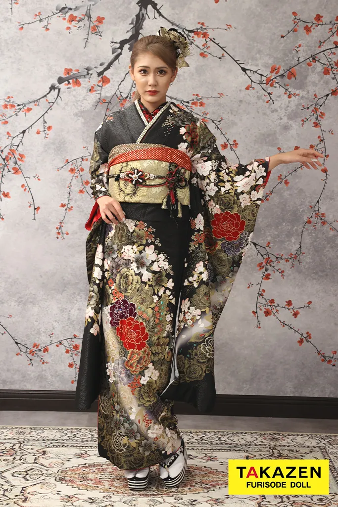 安い！大人モード　黒/ゴールド(金色)　牡丹柄　系花魁風　派手　目立つ　渋い振袖ネットレンタル　桂由美デザイン　32123