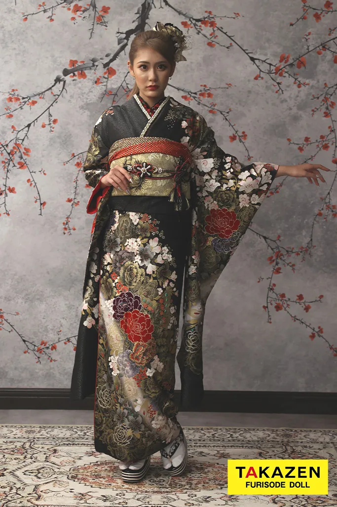 安い！大人モード　黒/ゴールド(金色)　牡丹柄　系花魁風　派手　目立つ　渋い振袖ネットレンタル　桂由美デザイン　32123