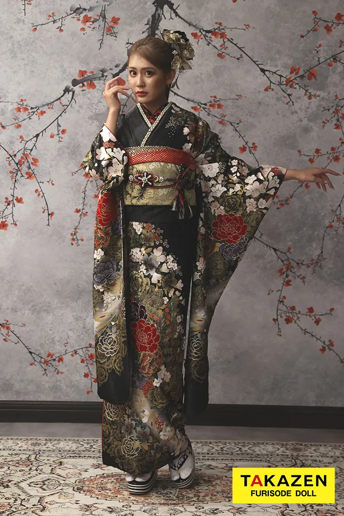 安い！大人モード　黒/ゴールド(金色)　牡丹柄　系花魁風　派手　目立つ　渋い振袖ネットレンタル　桂由美デザイン　32123
