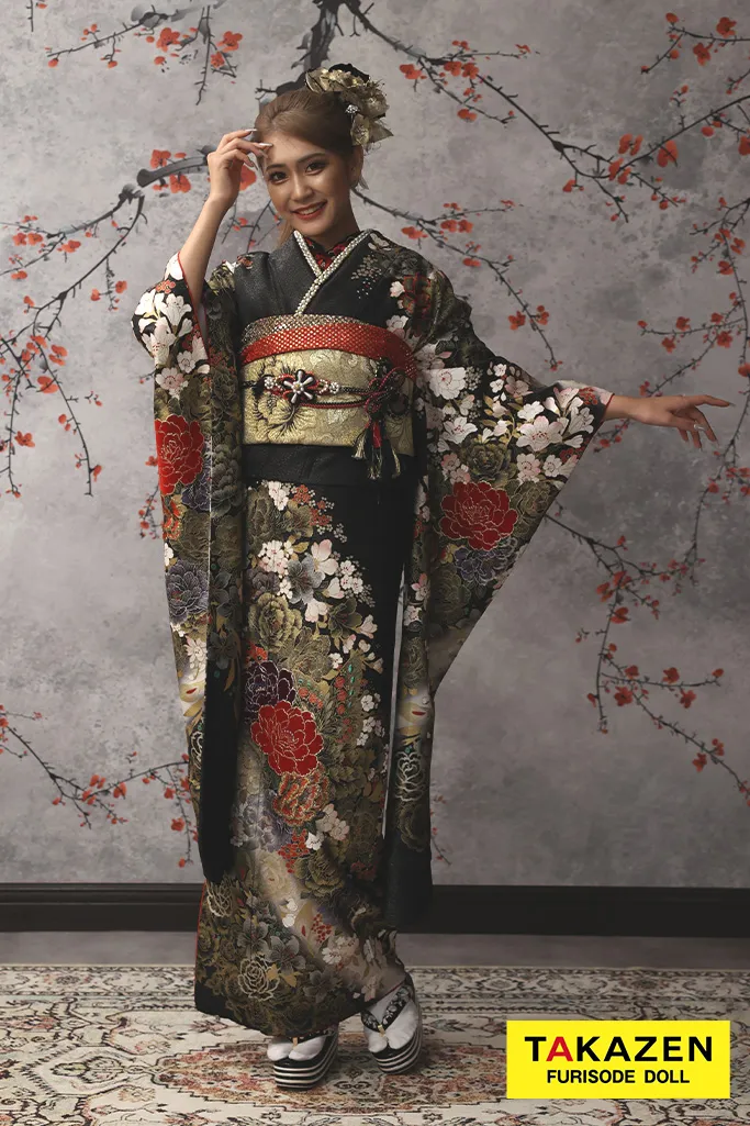 安い！大人モード　黒/ゴールド(金色)　牡丹柄　系花魁風　派手　目立つ　渋い振袖ネットレンタル　桂由美デザイン　32123
