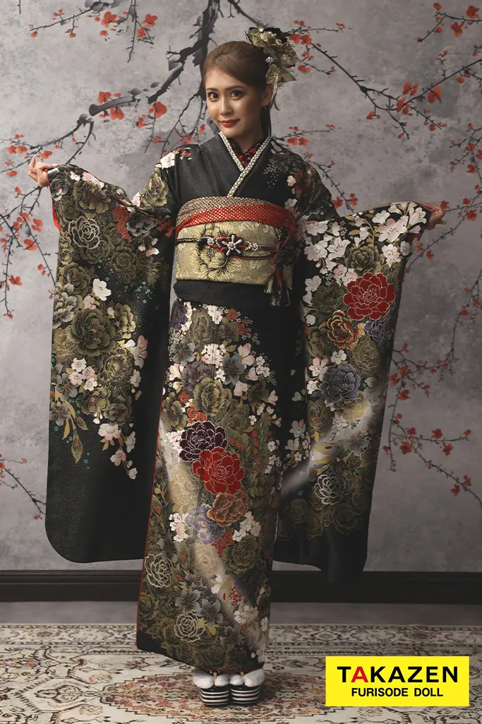 安い！大人モード　黒/ゴールド(金色)　牡丹柄　系花魁風　派手　目立つ　渋い振袖ネットレンタル　桂由美デザイン　32123