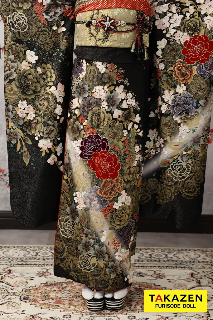 安い！大人モード　黒/ゴールド(金色)　牡丹柄　系花魁風　派手　目立つ　渋い振袖ネットレンタル　桂由美デザイン　32123
