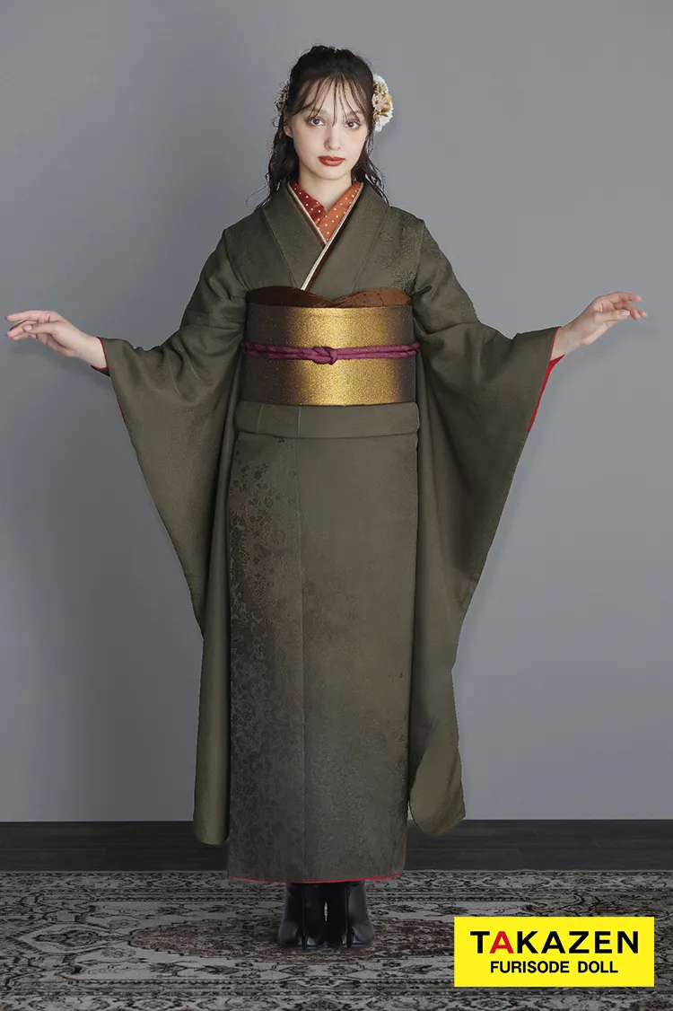 ヴィンテージスタイル　緑/グリーン　無地　シック　かっこいい　粋振袖　レトロ　ブーツコーデ振袖ネットレンタル　24036